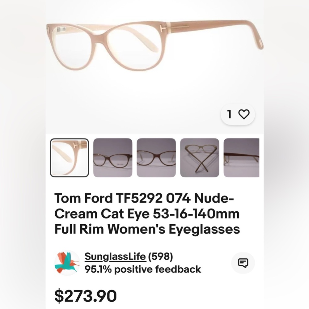 Tom Ford Cream Cat Eye Glass frames. You put your own lenses in them. NWT